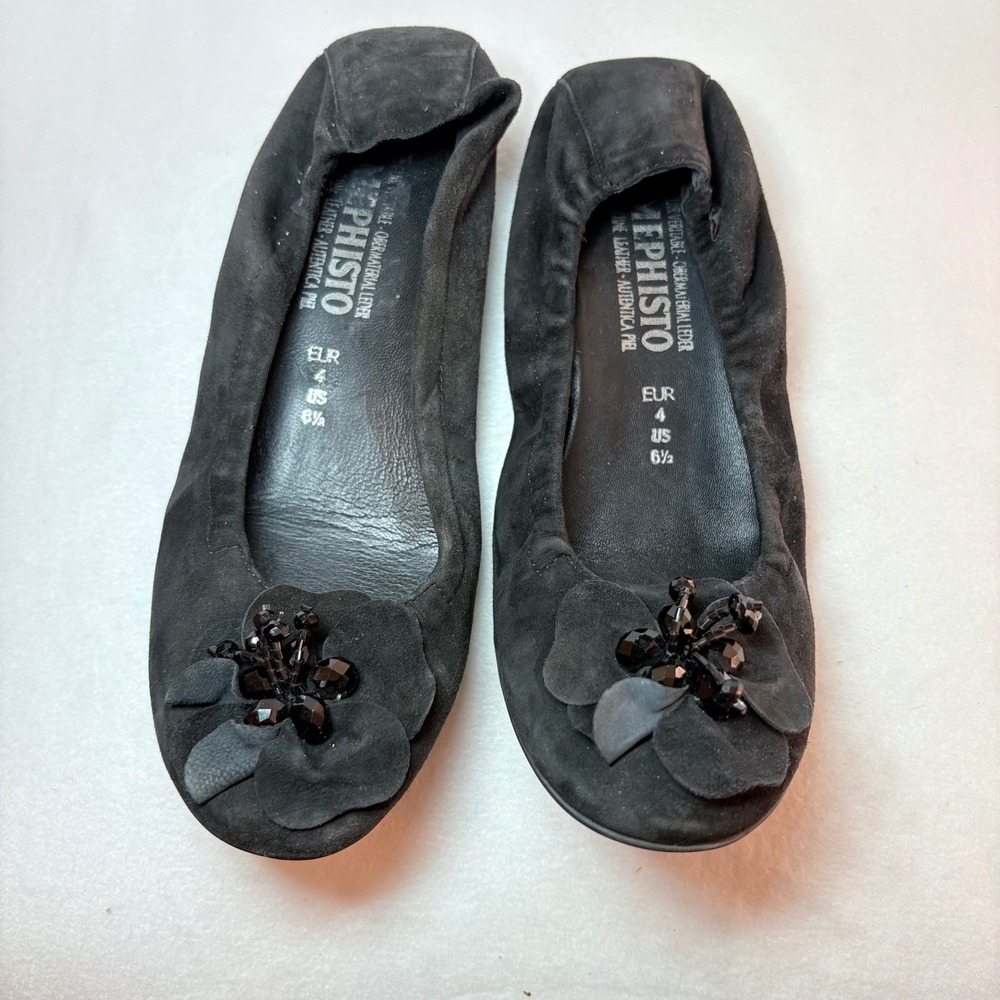 Mephisto Black Suede Flower Beaded Ballet Flats Womens US 6.5 EUR 4